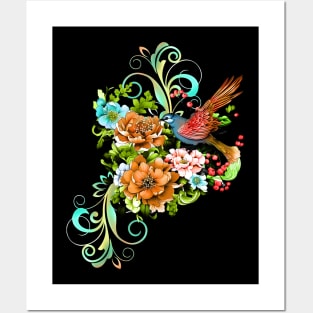 Wonderful elegant flowers with bird Posters and Art